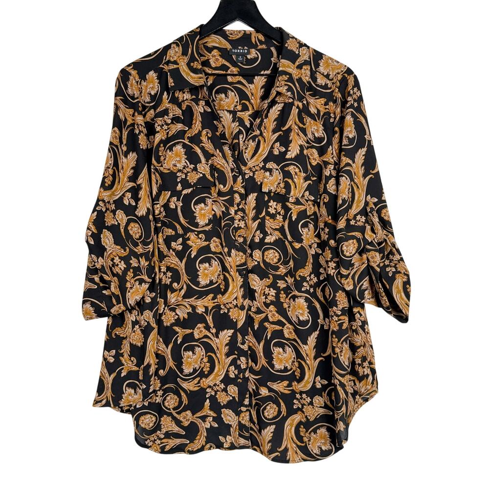 Torrid Button Down Shirt Black Gold Georgette - Plus Size 2 2X